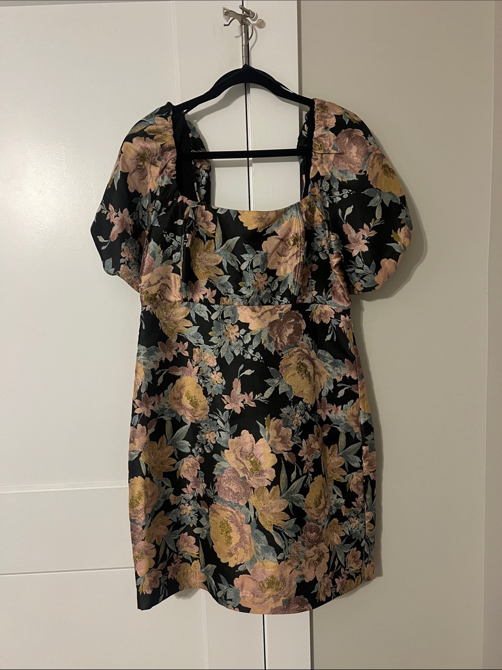 Socialite Black Mini Dress with Gold and Pink Floral Jacquard